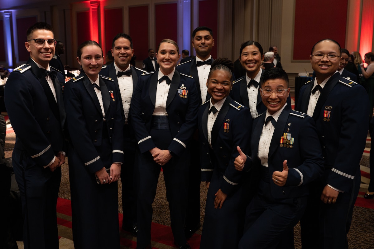 U.S Air Force officers assigned to Joint Base McGuire-Dix-Lakehurst, N.J., pose for a photo during the U.S. Air Force Ball in Atlantic City, N.J., Sept. 21, 2024. The annual event honors the U.S. Air Force’s heritage of air and space dominance. (U.S. Air Force photo by Senior Airman Aidan Thompson)