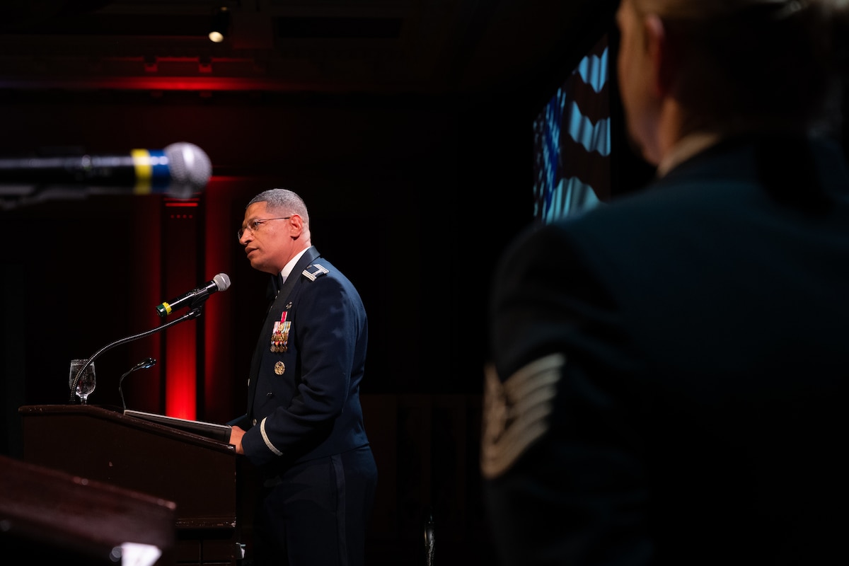 U.S. Air Force Col. Anthony Smith, Joint Base McGuire-Dix-Lakehurst commander and 87th Air Base Wing commander, speaks during the U.S. Air Force Ball in Atlantic City, N.J., Sept. 21, 2024. The annual event honors the U.S. Air Force’s heritage of air and space dominance. (U.S. Air Force photo by Senior Airman Aidan Thompson)