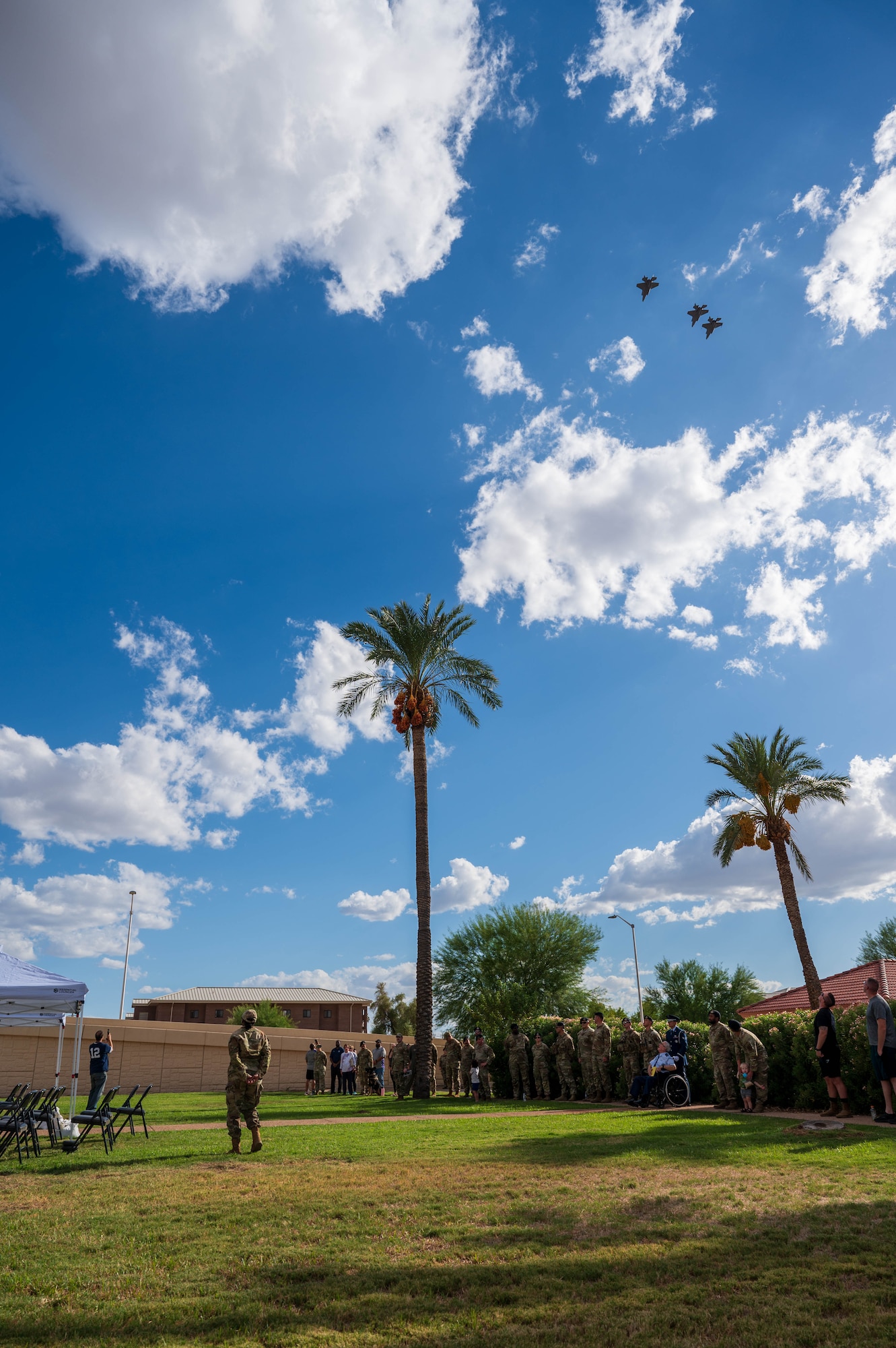 U.S. Air Force F-35A Lightning II aircraft assigned to the 56th Fighter Wing conduct a missing man formation flyover during the POW/MIA retreat ceremony, Sept. 20, 2024, at Luke Air Force Base, Arizona.