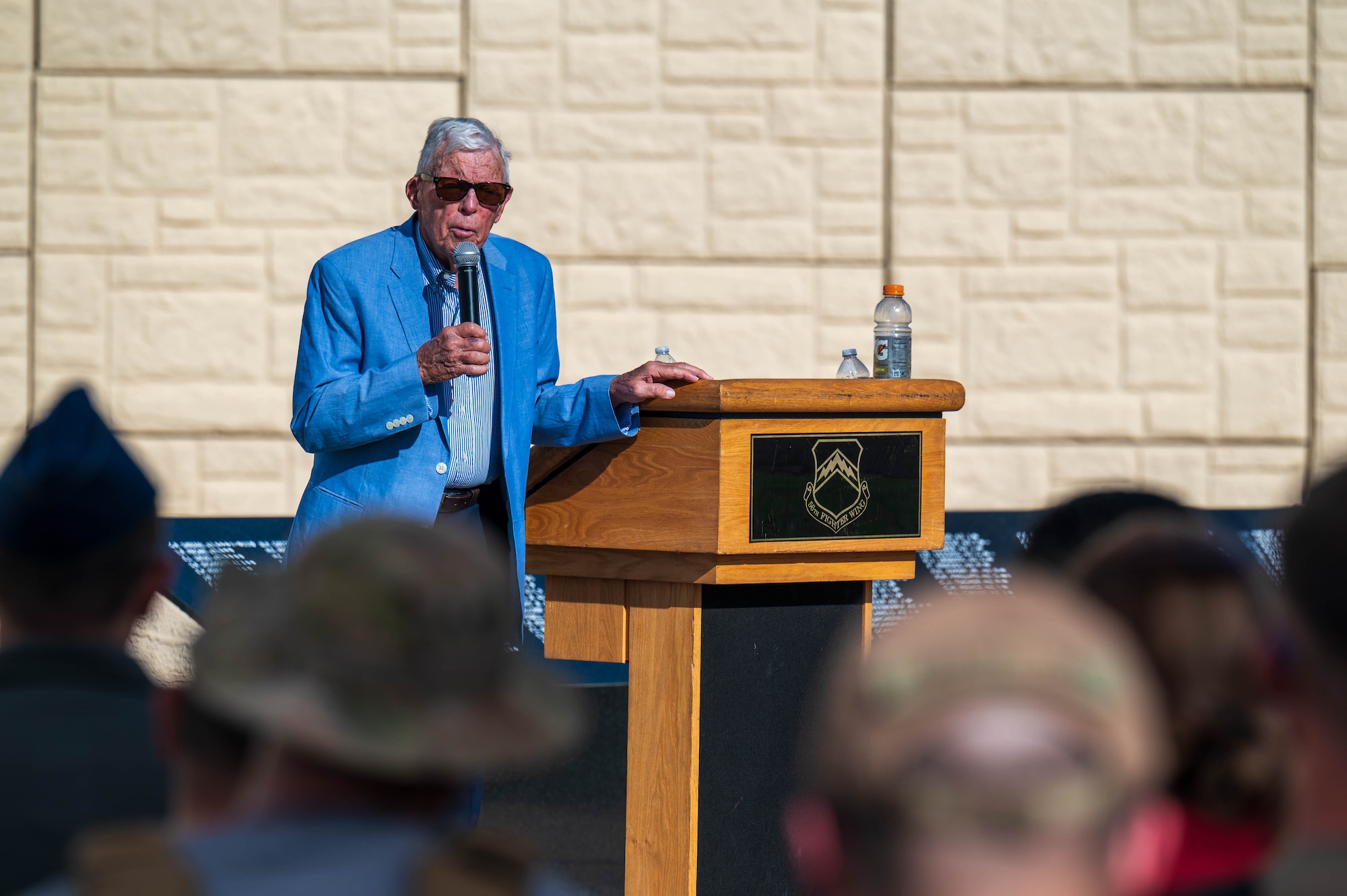 Retired U.S. Air Force Col. Thomas Kirk, former prisoner of war, gives remarks during the POW/MIA retreat ceremony, Sept. 20, 2024 at Luke Air Force Base, Arizona.