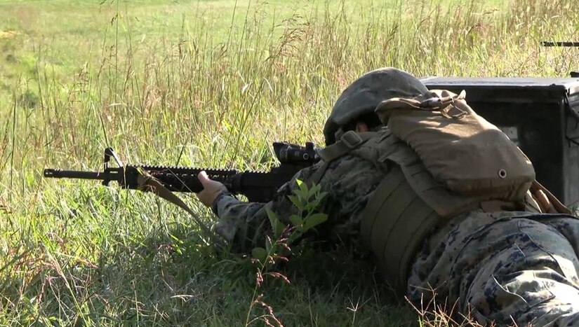 A Marine fires a weapon while laying in the grass.