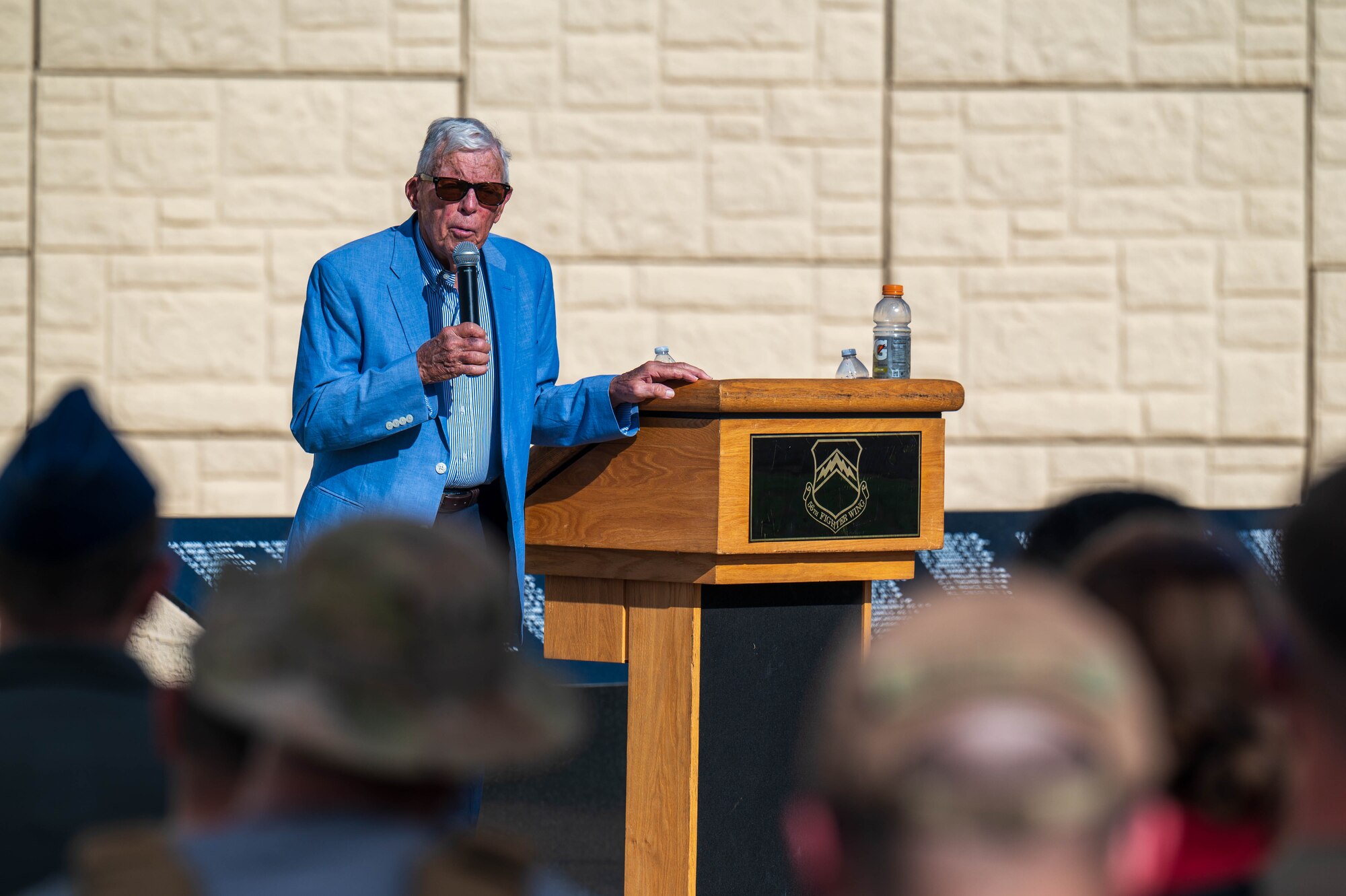 Retired U.S. Air Force Col. Thomas Kirk, former prisoner of war, gives remarks during the POW/MIA retreat ceremony, Sept. 20, 2024 at Luke Air Force Base, Arizona.