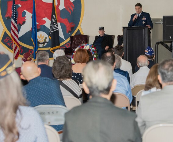 Deputy commander assigned to the 57th Wing, gives opening remarks during a Prisoner of War and Missing in Action (POW/MIA) recognition ceremony