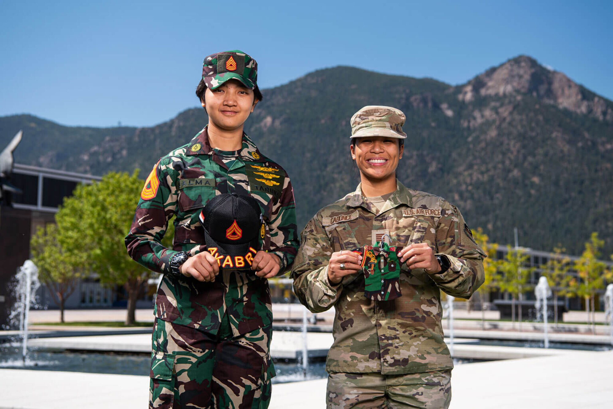 Indonesian Air Force Academy Cadet Major Salma El Mutafaqqiha Putri and U.S. Air Force Academy Cadet 1st Class Michelle Cabonce are pictured on the Terrazzo during International Week 2024 Sept. 9-13.