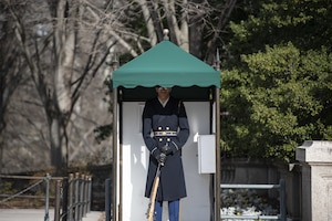 A tall Army Soldier dressed in a dark ceremonial uniform and with a rifle down at his side is standing under a small, green tent near the Tomb of the Unknown Soldier.