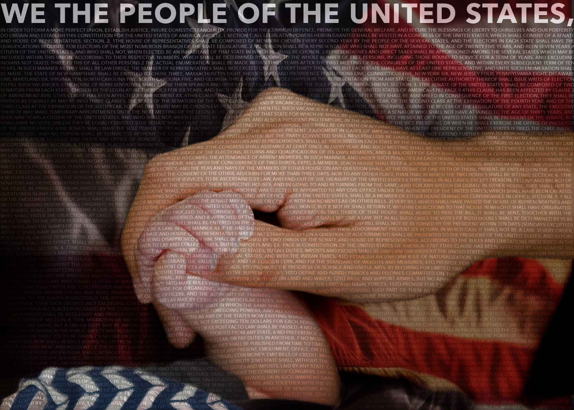 An Adobe Photoshop photo illustration depicting a father holding the hand of his daughter with the overlay text of the Constitution of the United States of America created Sept. 18, 2024. (U.S. Air Force photo illustration by Senior Airman Keira Rossman)