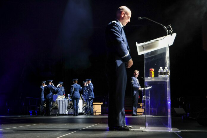 The Beale Air Force Base Honor Guard performs the Prisoner of War/Missing in Action Table & Honors Hat Ceremony during the Beale AFB Ball celebrating the Air Force's 77th Birthday at Wheatland, California, September 12, 2024.