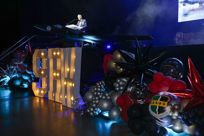 U.S. Air Force Col. Keagan McLeese, 9th Reconnaissance Wing commander, speaks during the Beale Air Force Ball 2024 commemorating the 77th birthday of the U.S. Air Force at Wheatland, California, September 12, 2024
