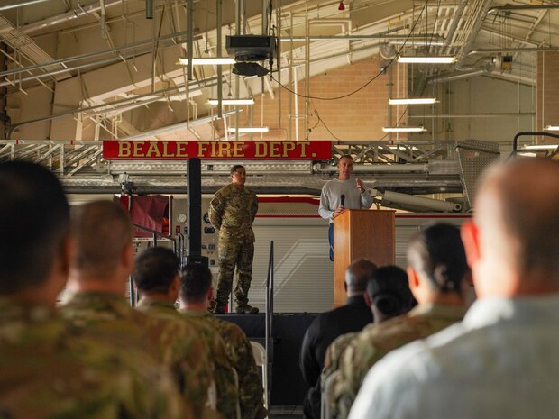 U.S. Air Force Col. Charles Hansen, 9th Mission Support Group commander, delivers a speech during the 9/11 remembrance event at Station 1, on Beale Air Force Base, California, Sept. 11, 2024.