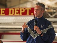 U.S. Air Force Col. Keagan McLeese, 9th Reconnaissance Wing (RW) commander, delivers remarks during the 9/11 remembrance event on Station 1 at Beale Air Force Base, California, Sept. 11, 2024.