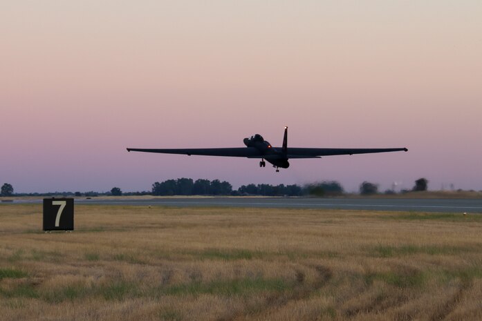 A U.S. Air Force 99th Reconnaissance Squadron TU-2S Dragon lady performs takes off at sunset on Beale Air Force Base, California, Aug. 15, 2024.