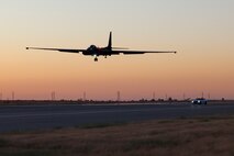 A U.S. Air Force 99th Reconnaissance Squadron U-2 Dragon lady performs touch-and-go landings at dusk on Beale Air Force Base, California, Aug. 15, 2024.