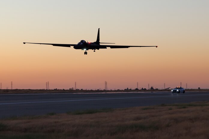 A U.S. Air Force 99th Reconnaissance Squadron U-2 Dragon lady performs touch-and-go landings at dusk on Beale Air Force Base, California, Aug. 15, 2024.