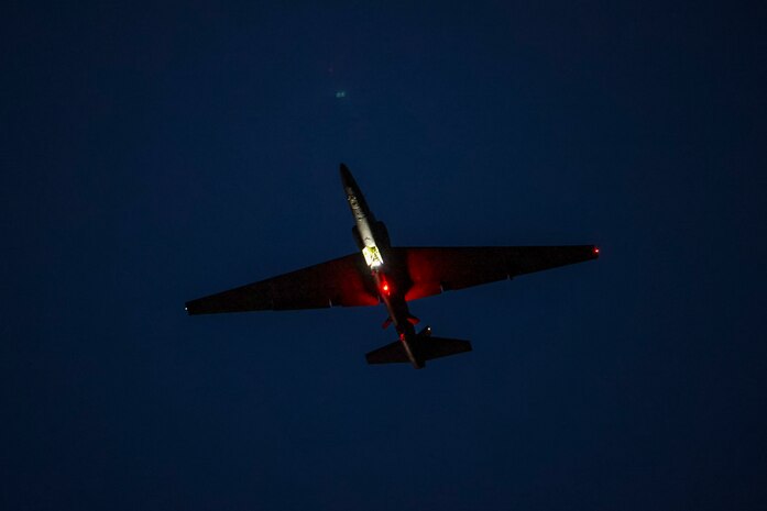 A U.S. Air Force 99th Reconnaissance Squadron TU-2S Dragon Lady performs touch-and-goes at dusk on Beale Air Force Base, California, Aug. 15, 2024.