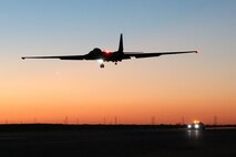 A U.S. Air Force 99th Reconnaissance Squadron U-2 Dragon lady performs touch-and-go landings at dusk on Beale Air Force Base, California, Aug. 15, 2024.