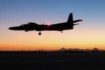 A U.S. Air Force 99th Reconnaissance Squadron TU-2S Dragon Lady performs touch-and-go landings at dusk on Beale Air Force Base, California, Aug. 15, 2024.
