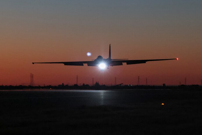 A U.S. Air Force 99th Reconnaissance Squadron TU-2S Dragon Lady performs touch-and-go landings at dusk on Beale Air Force Base, California, Aug. 15, 2024.