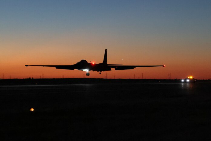 A U.S. Air Force 99th Reconnaissance Squadron U-2 Dragon lady performs touch-and-go landings at dusk on Beale Air Force Base, California, Aug. 15, 2024.