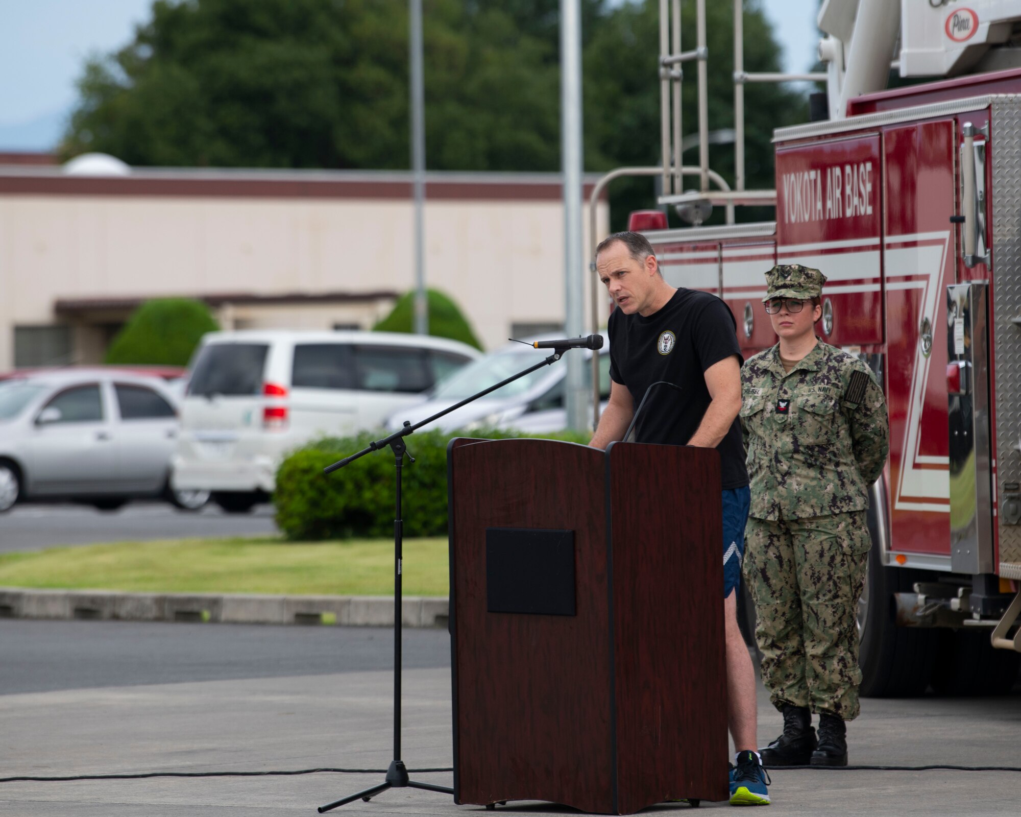 U.S. Air Force Col. Nathan Powell, 374th Operations Group commander, delivers remarks during a National POW/MIA Recognition Day opening ceremony.