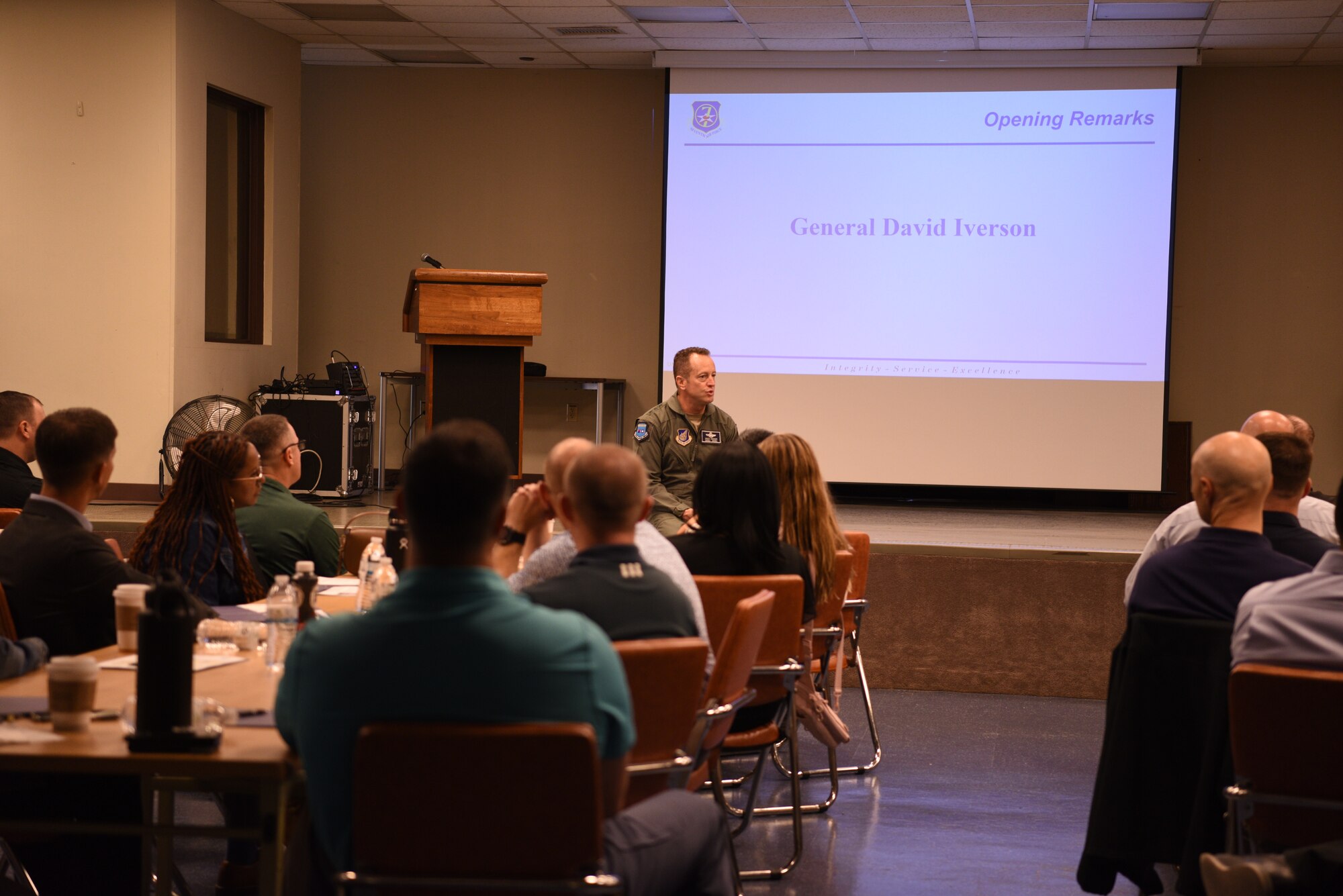 Lt. Gen. David Iverson, Seventh Air Force commander, provides opening remarks during the Chief Master Sergeant Business Symposium at Osan Air Base, Republic of Korea on September 3, 2024. Iverson discussed the future of the Numbered Air Force. (U.S. Air Force photo by Master Sgt. Rachelle Coleman)