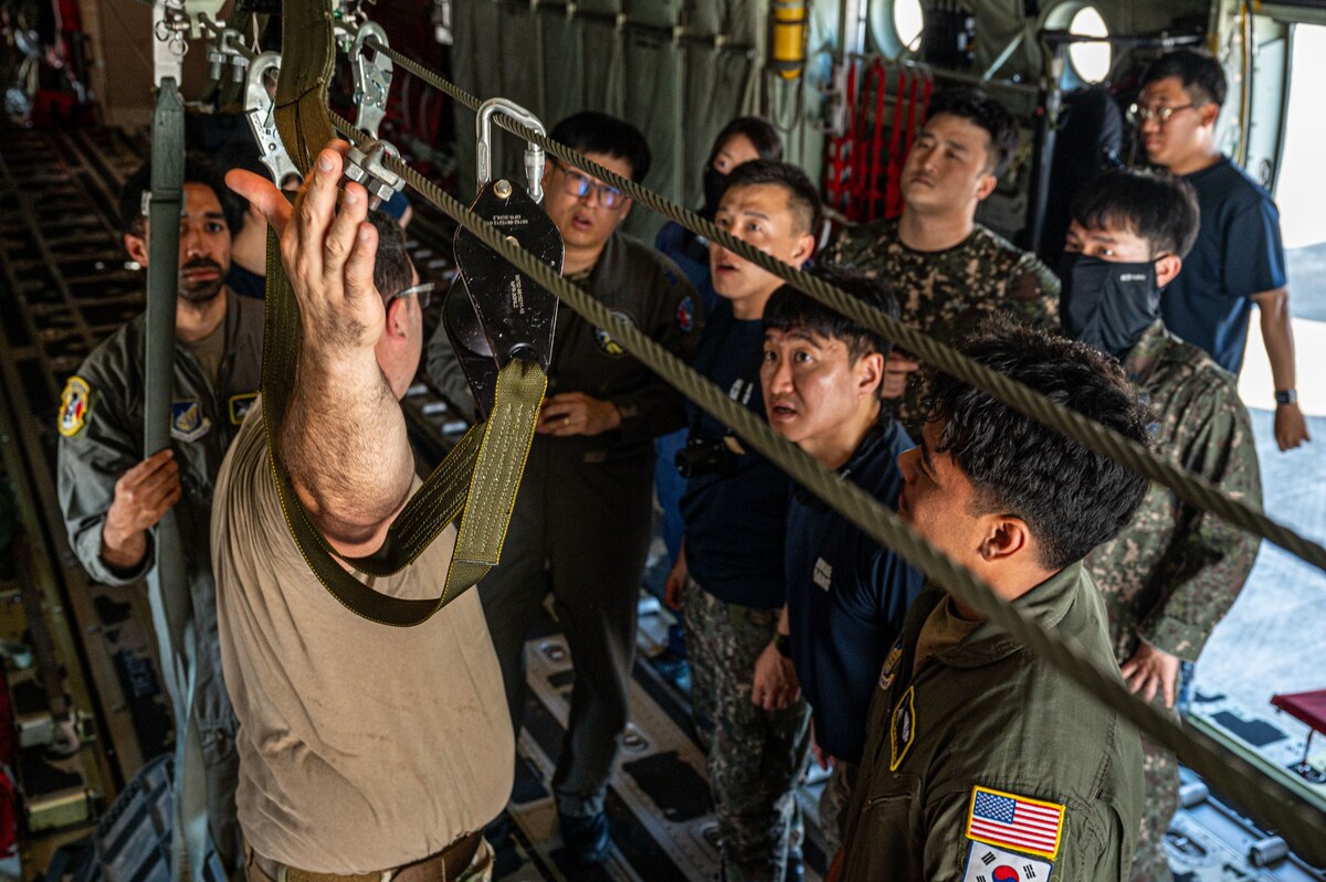 A group of individuals looking up at a line system