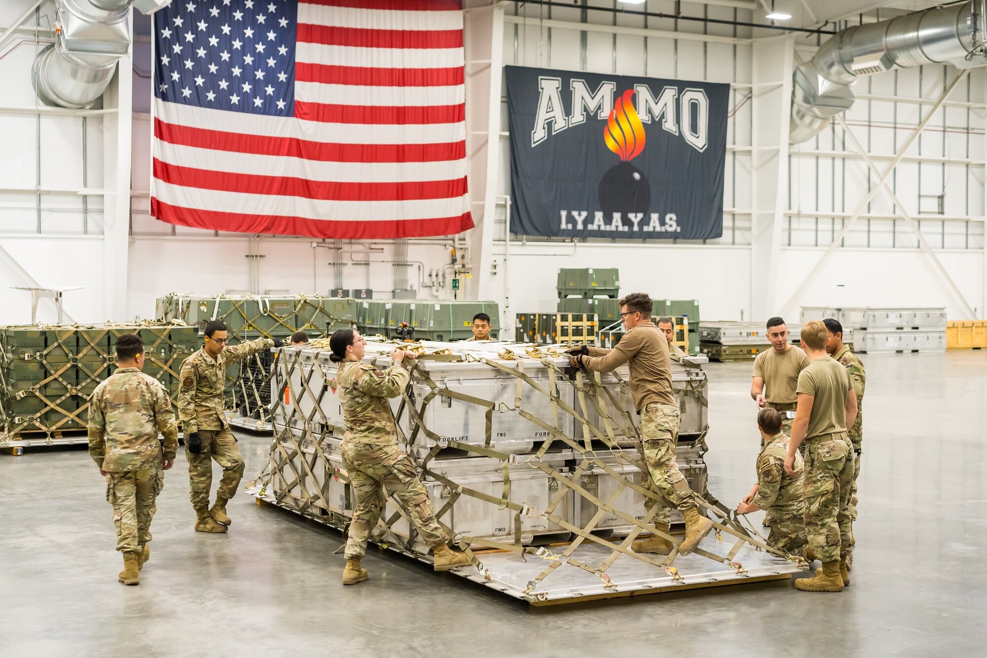 Workers from the Air Force Combat Ammunition Center and 9th Munitions Squadron receive critical training and education from 649th Munitions Squadron experts on the unit's Standard Air Munitions Package capability.  (U.S. Air Force photo by Capt. Sydney Pfeffer)