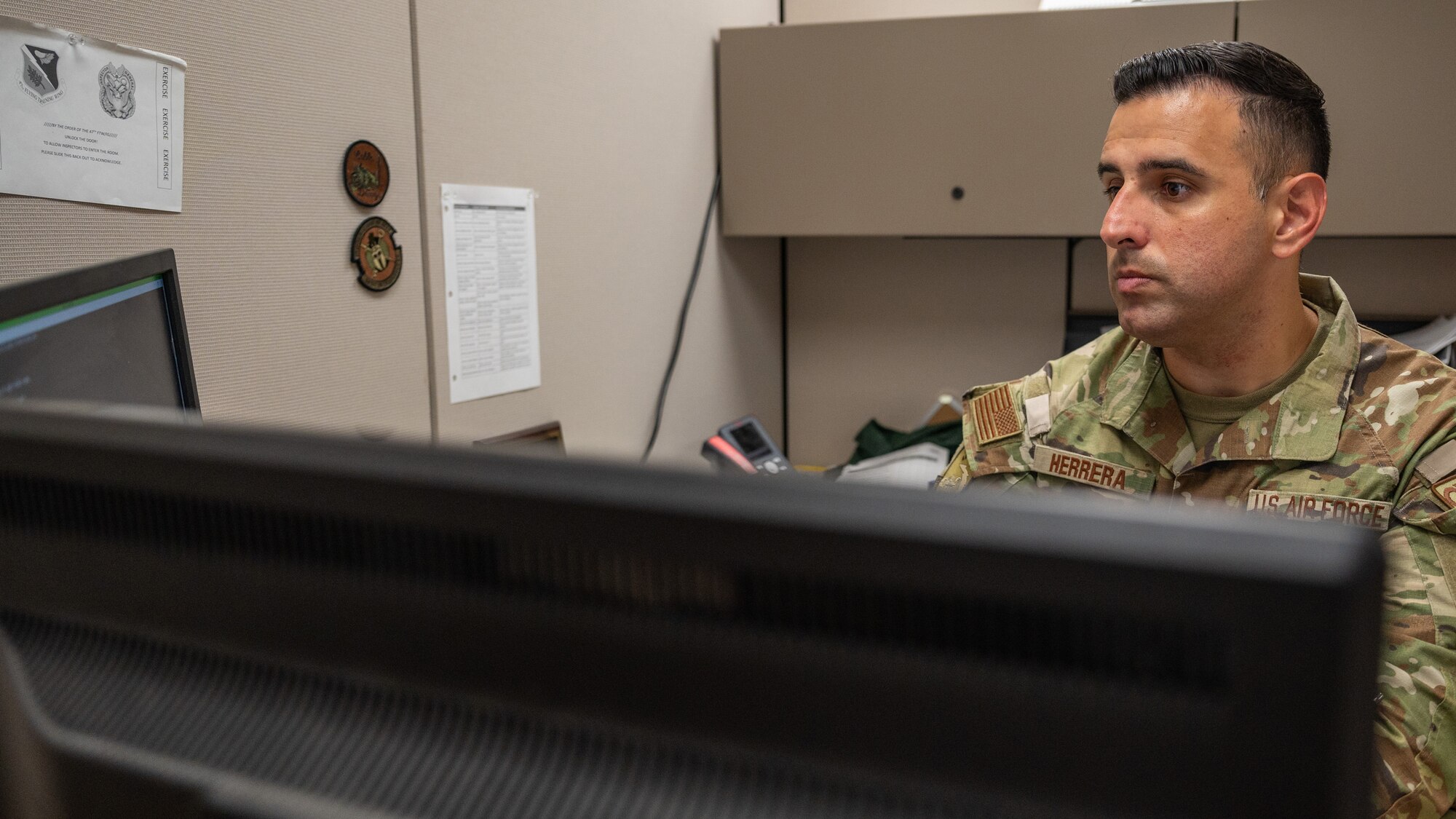 U.S. Air Force Master Sgt. David Herrera, 47th Communication Squadron (CS) network control center section chief, works on the network at Laughlin Air Force Base, Texas, Sept. 9, 2024. Herrera won the Department of the Air Force Chief Information Officer Outstanding Professional of the Year. (U.S. Air Force photo by Staff Sgt. Nicholas Larsen)