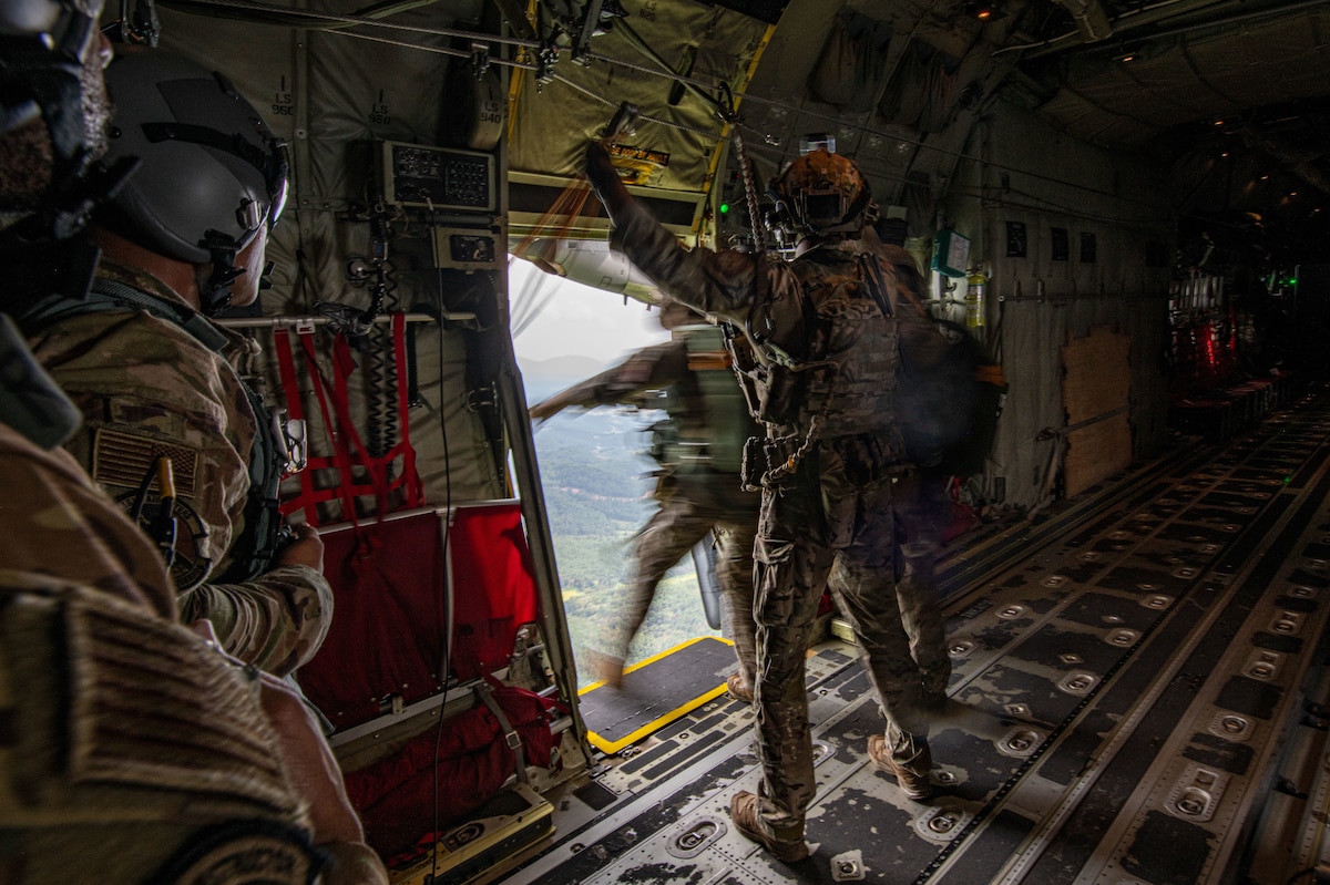 ROK military service members jumping out of an aircraft