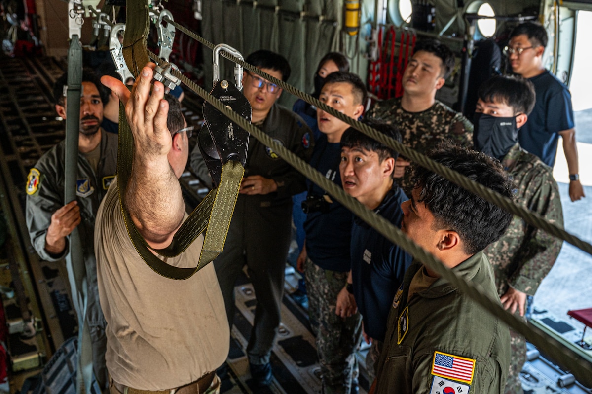 A group of individuals looking up at a line system