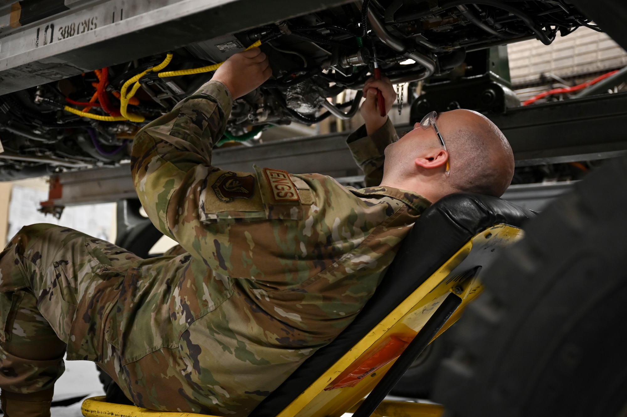 U.S. Air Force Staff Sgt. Ryan Blankenship, 8th Maintenance Squadron aerospace propulsion craftsman, conducts an engine inspection.