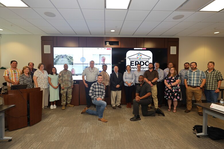 Eight participants from across the U.S. Army Corps of Engineers were chosen for ERDC University, a six-month detail at the Engineer Research and Development Center. ERDC University graduation was held September 10 in Vicksburg, Mississippi. Participants included from front row from left to right Garrett Watson and Jeff Crockett. Back row from left to right Kyle Gordon, Rhonda Taylor, David Clement, Antisa Webb, Mary Bradley Warnock, Col. Christian Patterson, Dr. Gary Anderton, Patricia Sullivan, Dr. John McEnery, Meg Zuercher, Eliot Bignel, Bradley Sartain, Dave Smith, Alex Bredikhin, Brooke Weaver, Jake Edwards, Aaron Damrill, Todd Slack