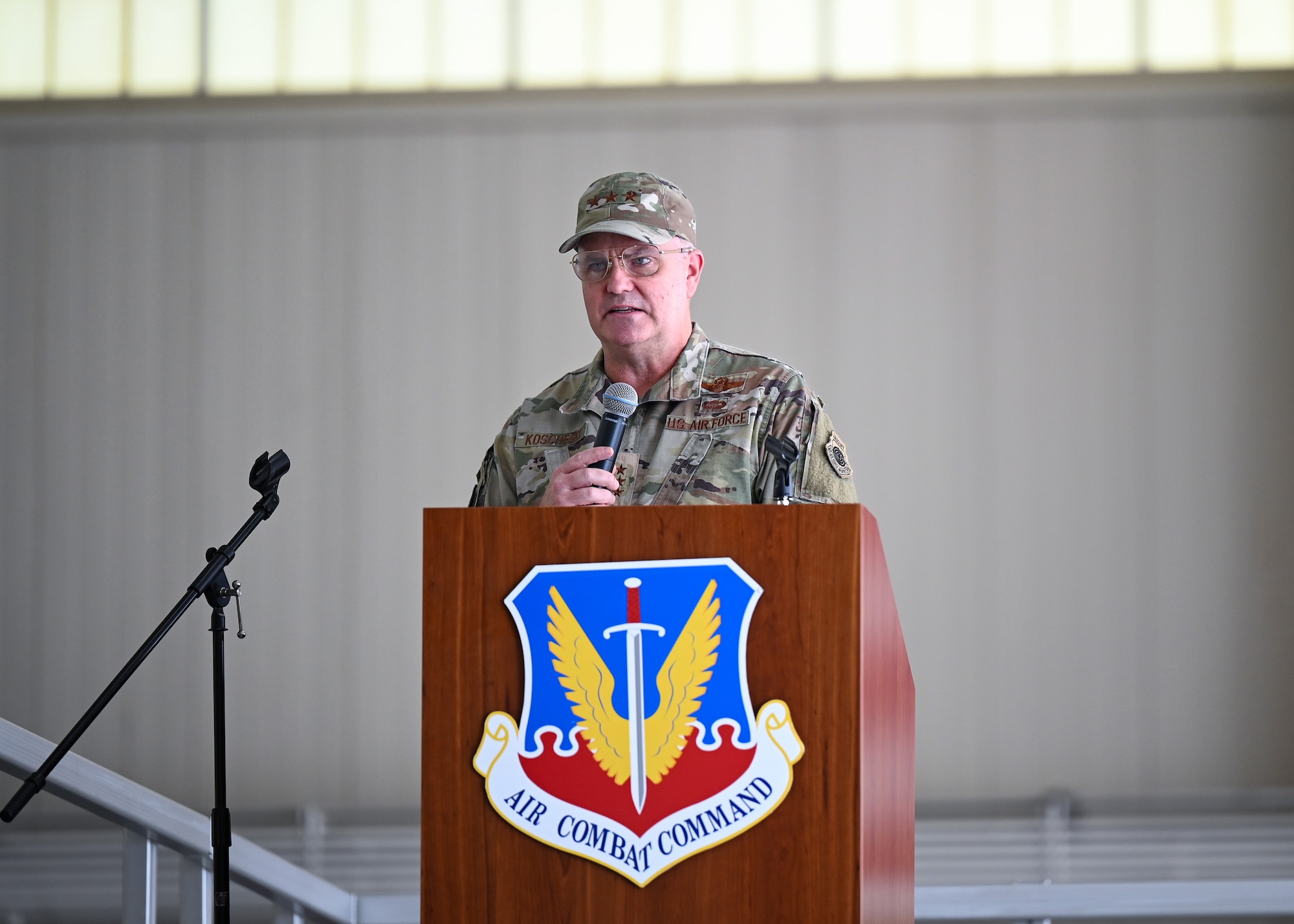 U.S. Air Force Lt. Gen. Michael Koscheski, deputy commander of Air Combat Command, gives remarks during an assumption of command ceremony
