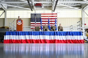 U.S. Air Force Lt. Gen. Michael Koscheski, deputy commander of Air Combat Command, gives remarks during an assumption of command ceremony