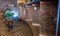 David Heiland, welder, Shop 26, Welders, works on a section of a Reactor Compartment Disposal package support structure on the "Big Slab" in Building 460 at Puget Sound Naval Shipyard & Intermediate Maintenance Facility in Bremerton, Washington. (U.S. Navy photos by Wendy Hallmark)