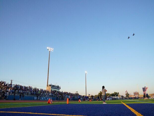 Two T-38 Talons perform a flyover above Wheatland Union High School (WUHS) in Wheatland, California, Sept. 20, 2024.