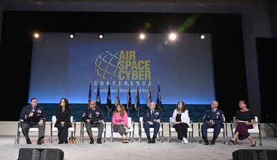 Air Force and Space Force senior leaders and their spouses speak during the “United Forces and Families: Senior Leadership Perspective” panel at the Air and Space Forces Association’s Air, Space and Cyber Conference in National Harbor, Md., Sept. 18, 2024. The technology exposition brings together Department of the Air Force leadership, industry experts, academia as well as aerospace and cyberspace specialists from around the world to discuss the issues and challenges facing America today. (U.S. Air Force photo by Chad Trujillo)