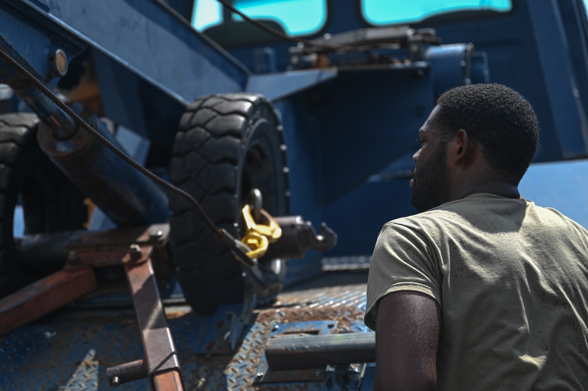 U.S. Air Force Airman 1st Class Sean Mitchell, a 1st Special Operations Wing ground transportation operator, controls a wrecker tow truck at Hurlburt Field, Florida, Sept. 18, 2024.