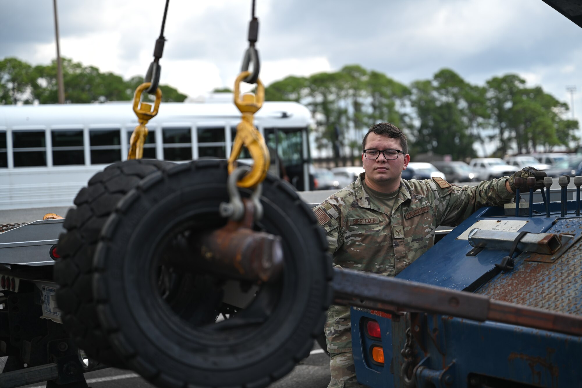U.S. Air Force Senior Airman Christian Biesecker, a 1st Special Operations Wing ground transportation operator, controls a wrecker tow truck at Hurlburt Field, Florida, Sept. 18, 2024.