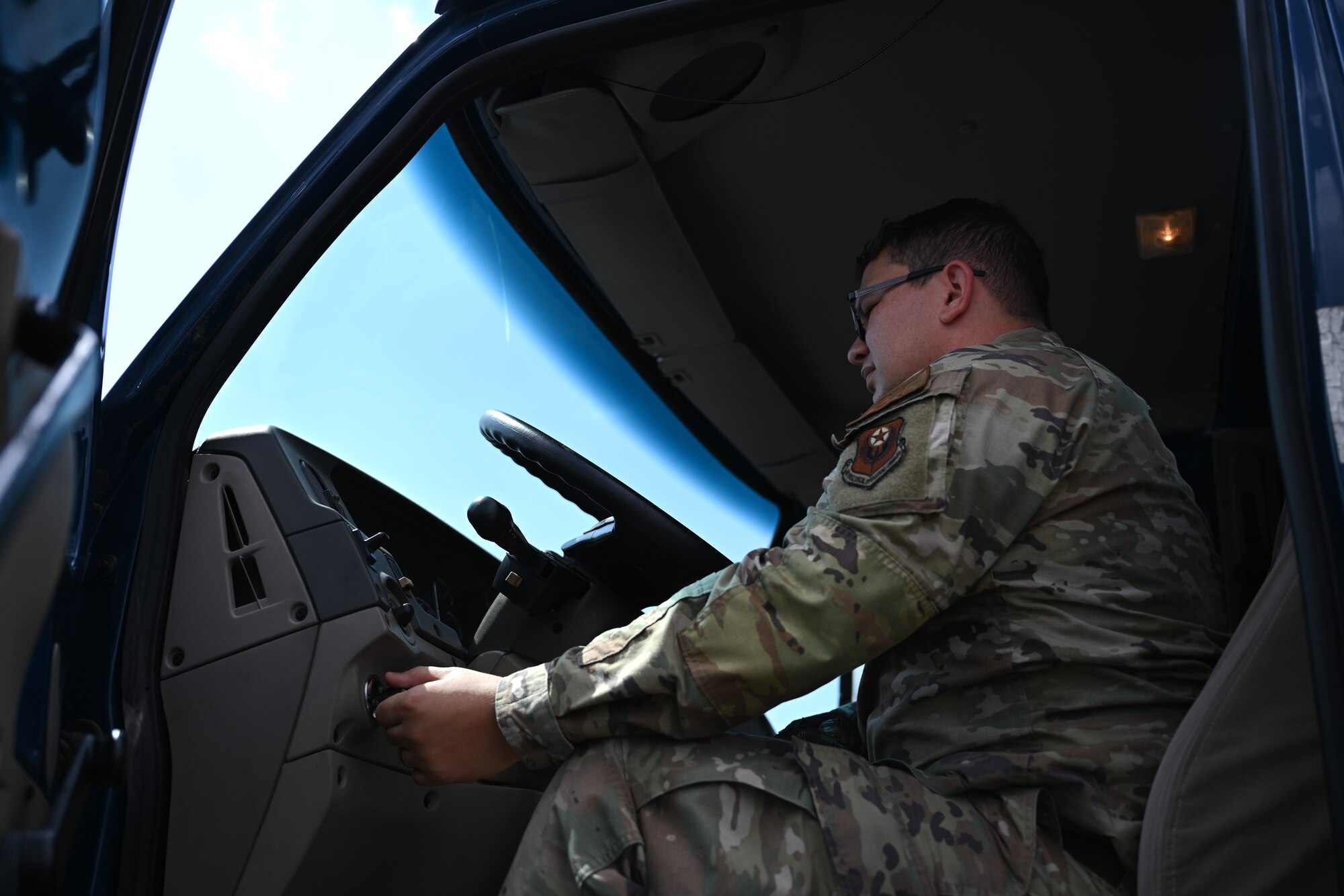 U.S. Air Force Senior Airman Christian Biesecker, a 1st Special Operations Wing ground transportation operator, starts a wrecker tow truck at Hurlburt Field, Florida, Sept. 18, 2024.