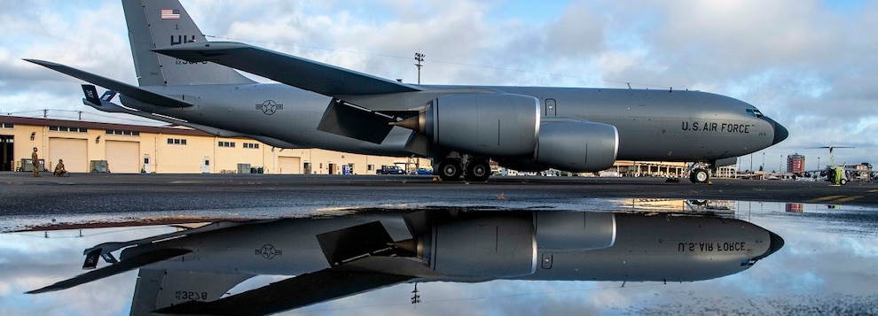 A KC-135 Stratotanker assigned to the 203rd Air Refueling Squadron, Hawaii Air National Guard, is parked on the flight line at Yokota Air Base, Japan, Sept. 10, 2024.