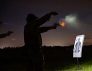 A U.S. Airman assigned to the 1st Special Operations Support Squadron Mission Sustainment Team fires at a night range exercise at Eglin Air Force Base, Florida, Aug. 27, 2024.