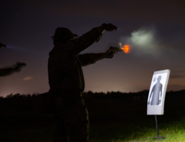A U.S. Airman assigned to the 1st Special Operations Support Squadron Mission Sustainment Team fires at a night range exercise at Eglin Air Force Base, Florida, Aug. 27, 2024.