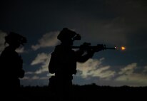 U.S. Airmen assigned to the 1st Special Operations Support Squadron Mission Sustainment Team fires at a night range exercise at Eglin Air Force Base, Florida, Aug. 27, 2024.