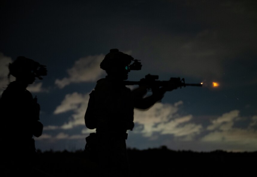 U.S. Airmen assigned to the 1st Special Operations Support Squadron Mission Sustainment Team fires at a night range exercise at Eglin Air Force Base, Florida, Aug. 27, 2024.