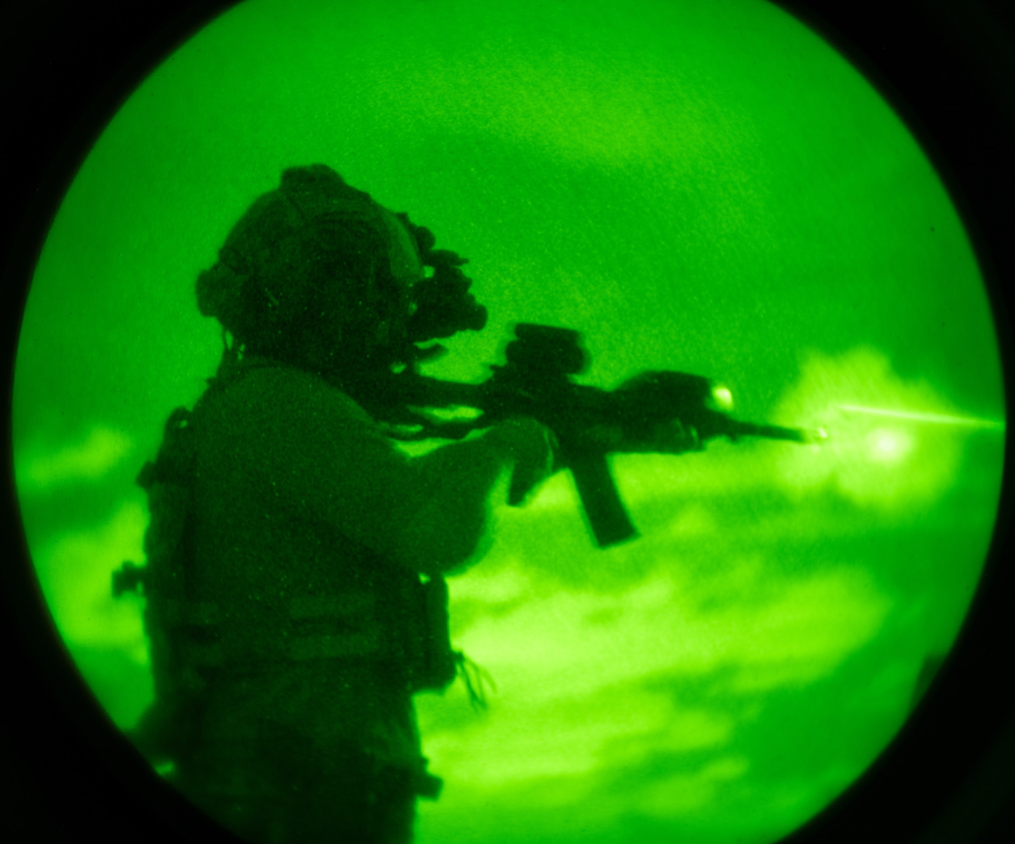 A U.S. Airman assigned to the 1st Special Operations Support Squadron Mission Sustainment Team fires at a night range exercise at Eglin Air Force Base, Florida, Aug. 27, 2024.