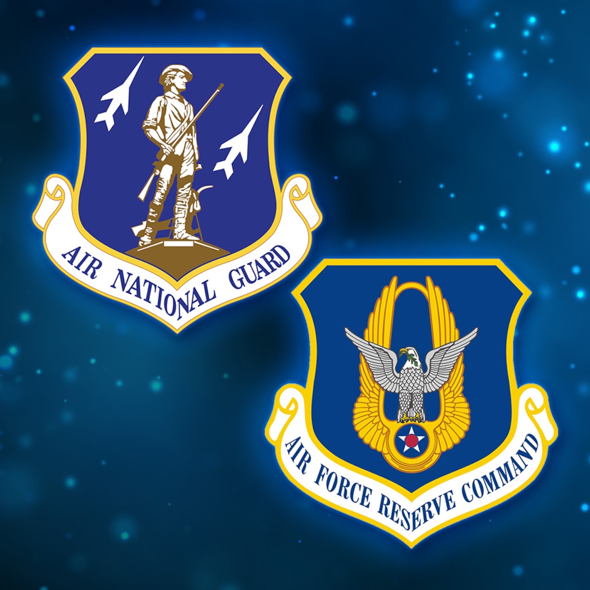 Air National Guard and Air Force Reserve Command shields on glitter blue background.