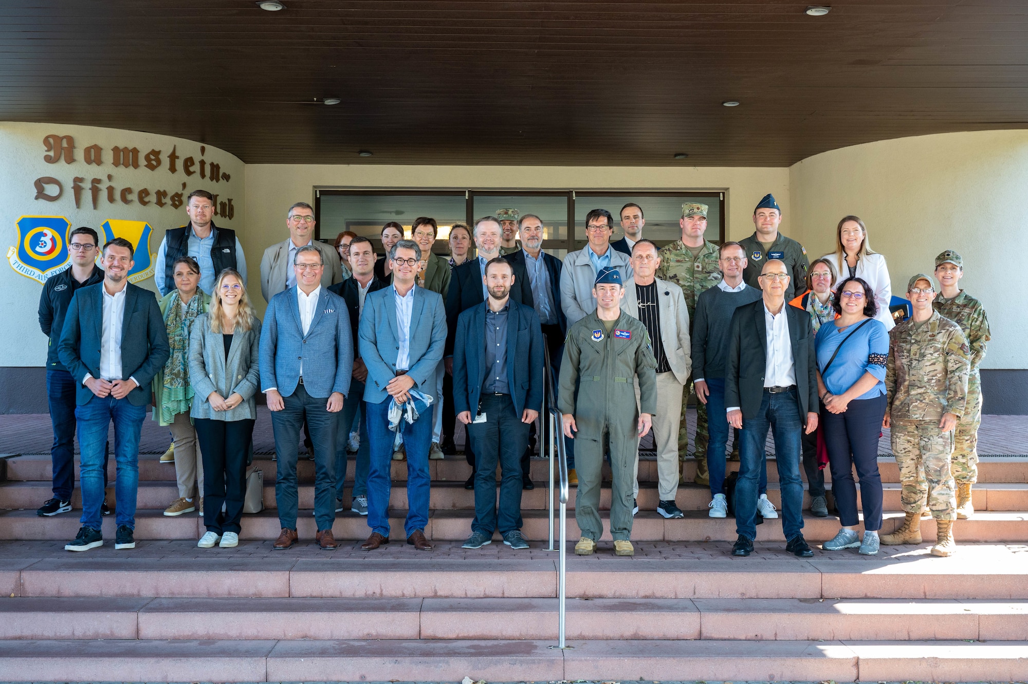 Leadership Connect Program participants pose for a group photo at Ramstein Air Base, Germany, Sept. 20, 2024. The Leadership Connect program connects Airmen, senior civilian leaders and local community leaders through mutual sharing of leadership, tactics and challenges. (U.S. Air Force photo by Senior Airman Regan Enriquez)