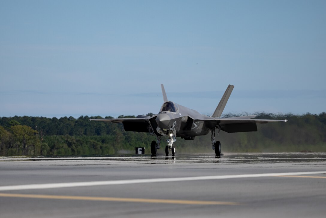 U.S. Marine Corps Lt. Col. Evan Shockley, from Virginia and commanding officer, Marine Fighter Attack Squadron (VMFA) 251, taxis an F-35C Lightning Il at Marine Corps Air Station Cherry Point, North Carolina, Sept. 17, 2024. VMFA-251 became the first East Coast-based Marine Corps squadron to receive the F-35C, designed to operate from conventional aircraft carriers or land bases and provides operational flexibility and persistence to II Marine Expeditionary Force. (U.S. Marine Corps photo by Lance Cpl. Orlanys Diaz Figueroa)