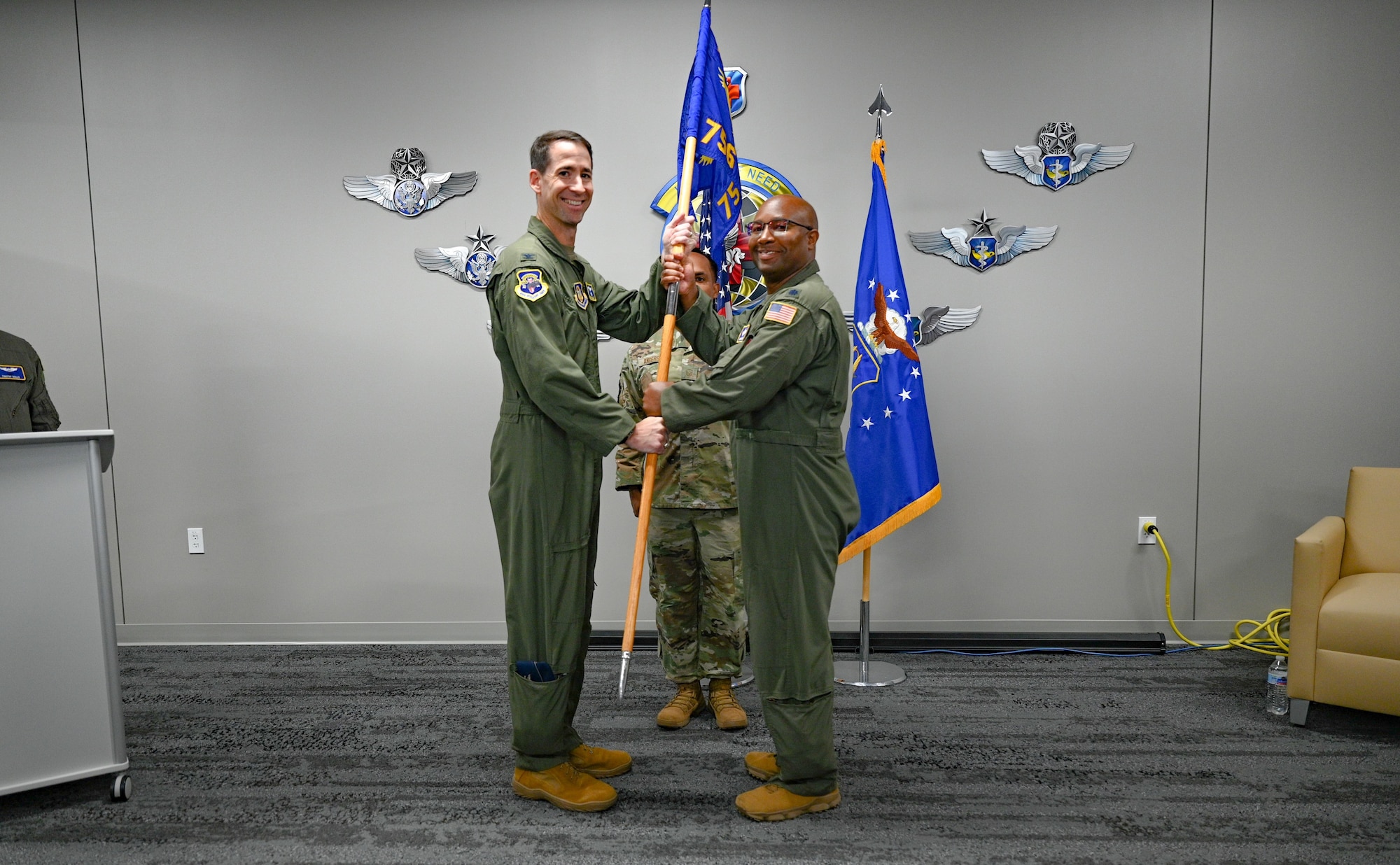 Lt. Col. Frank Gilliard IV (right) takes command of the 756th Air Refueling Squadron during his assumption of command ceremony at Joint Base Andrews on Sept. 14, 2024. Col. Randall Heusser, 459th Operations Group Commander, was the presiding official (U.S. Air Force Photo by Senior Airman Alexcia Givens).