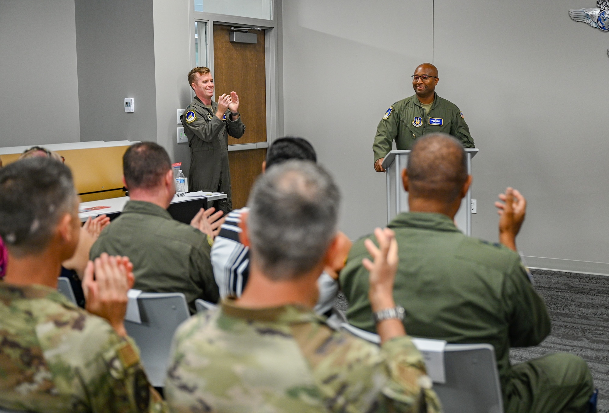 Lt. Col. Frank Gilliard IV pauses for a moment as he receives a rousing applause from the audience after taking command of the 756th Air Refueling Squadron during his assumption of command ceremony on Sept. 14, 2024.